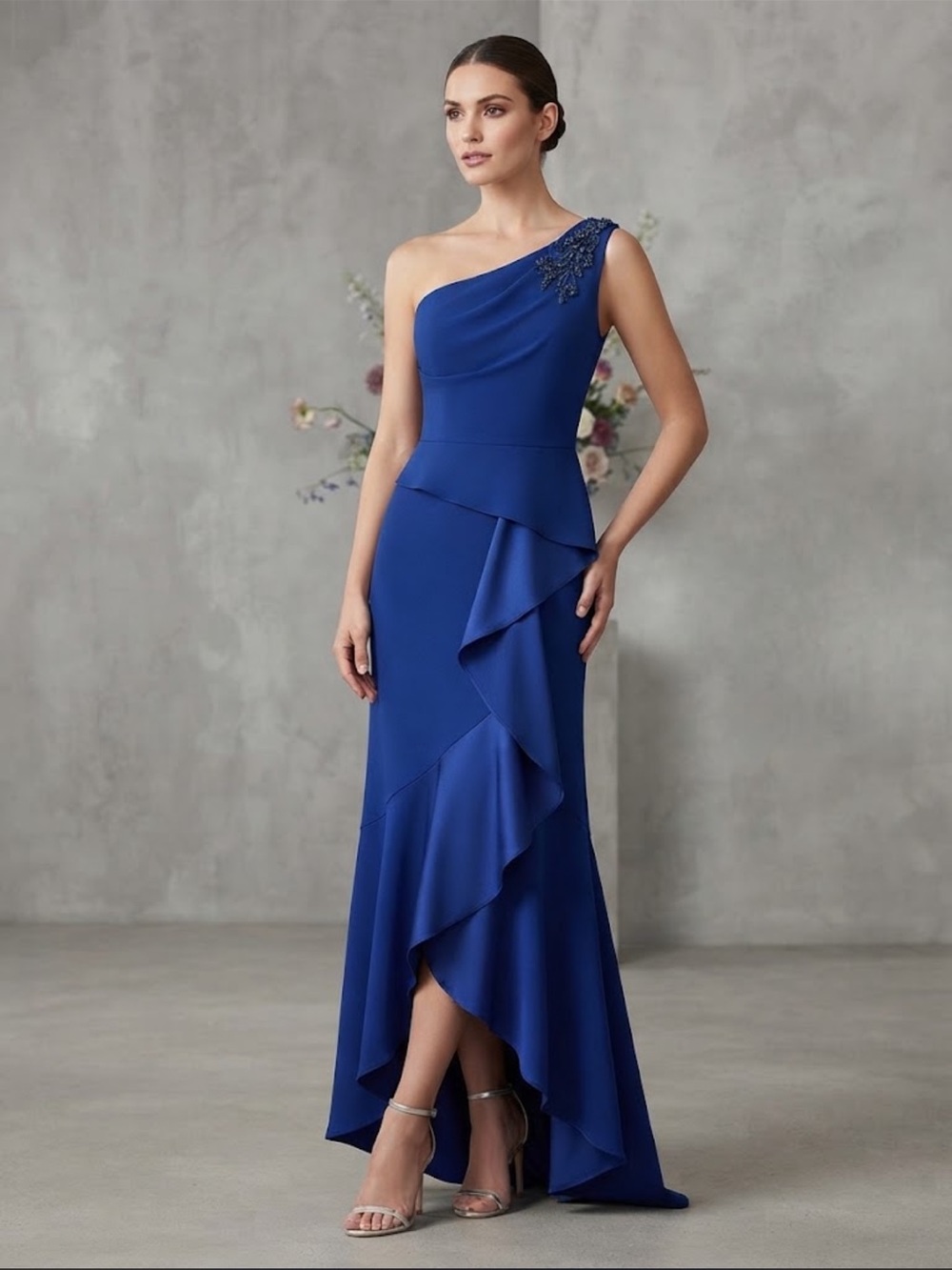 Papell Studio Royal Blue Beaded One Shoulder Crepe Gown Dress Size 2